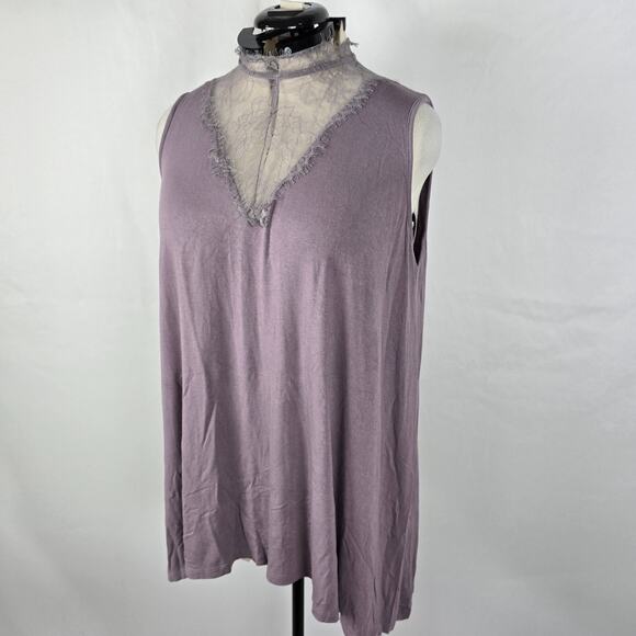 Paper + Tee Sleeveless Blouse Women's 2X Purple Lace V Neck Trim Ruffles Buttons - Picture 16 of 16